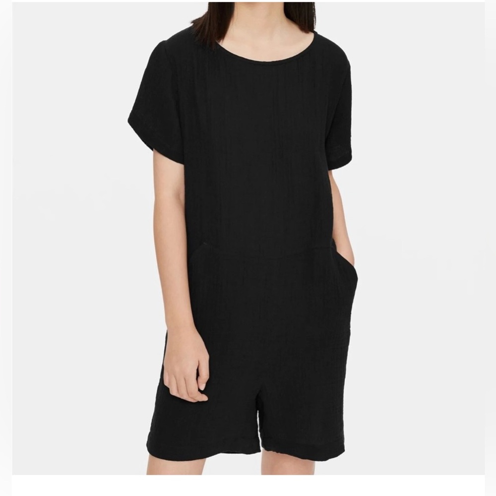 Eileen Fisher Size Medium Black Organic Cotton Gauze Romper Pockets